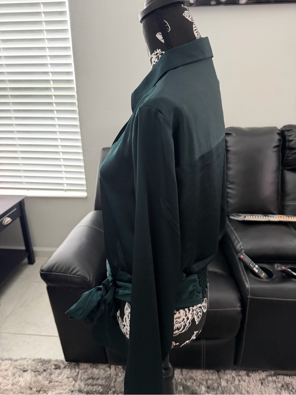 Express Dark Green Satin Button-Down Wrap Blouse - Picture 4 of 5